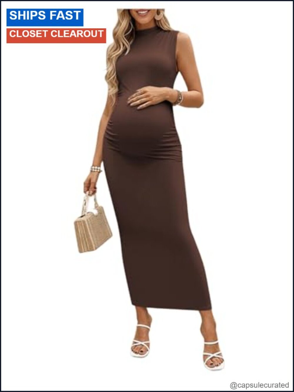 Maternity Mock Neck Sleeveless Ruched Bodycon Maxi Dress